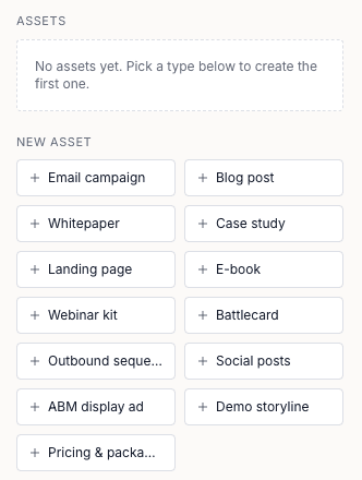 The thirteen asset formats listed under New asset in Collateral Studio