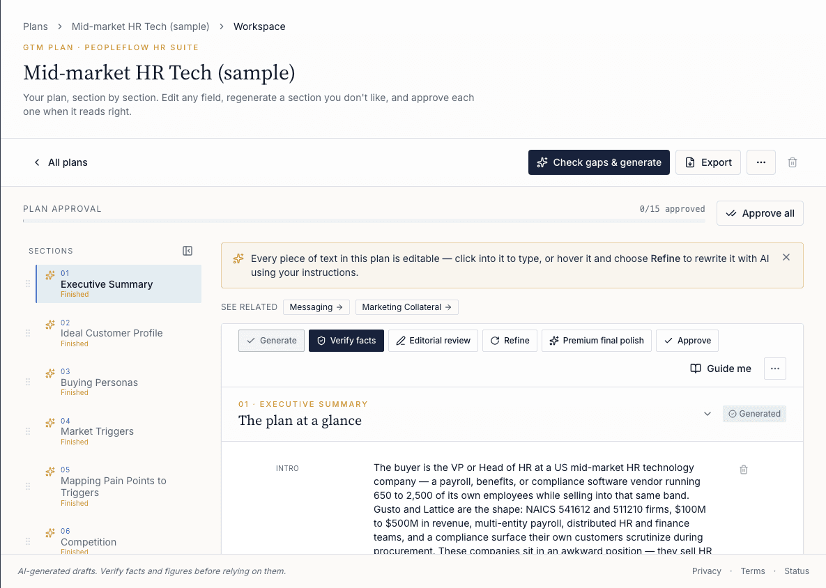 Vertica plan workspace with a 15-section review and approval flow